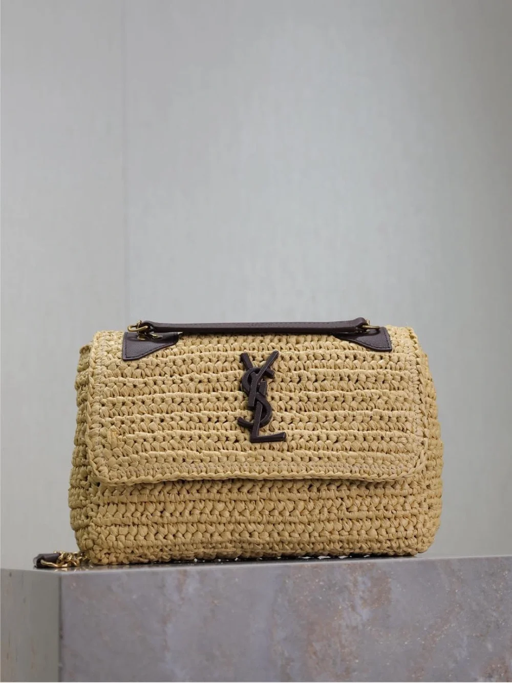 Saint Laurent Straw Crochet Shoulder Bag in Natural Beige with Dark Brown Trim